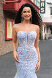 Light Blue Floral Beaded Mermaid Spaghetti Straps Tulle Prom Dress