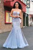 Light Blue Floral Beaded Mermaid Spaghetti Straps Tulle Prom Dress