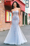 Light Blue Floral Beaded Mermaid Spaghetti Straps Tulle Prom Dress