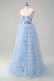 Blue A-Line Sweetheart Keyhole Corset Tiered Mirrors Ruffle Long Prom Dress