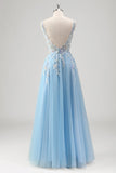 Light Blue A Line Spaghetti Straps Corset Floral Appliqued Prom Dress with Slit