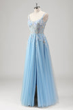 Light Blue A Line Spaghetti Straps Corset Floral Appliqued Prom Dress with Slit