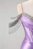 Sparkly Lilac Mermaid Cold Shoulder Tassels Satin Beaded Long Prom Dress with Slit