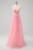 Pink A Line Spaghetti Straps Tulle Tiered Long Prom Dress