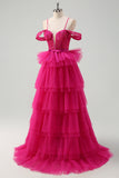 Hot Pink Cold Shoulder A-Line Tulle Tiered Long Prom Dress with Appliques