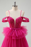 Hot Pink Cold Shoulder A-Line Tulle Tiered Long Prom Dress with Appliques