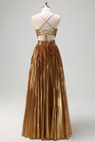 Sparkly Golden A-Line Spaghetti Straps Cut Out Ruched Metallic Long Prom Dress