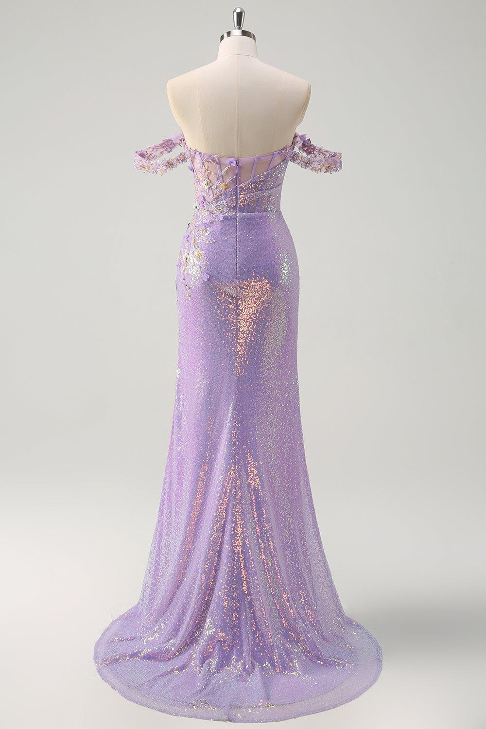 purple dress with sequins ZAPAKA Women Sparkly Light Purple Prom Dress with Slit Off The Shoulder Long Corset Sequin Evening Dress, Lilac / US20W