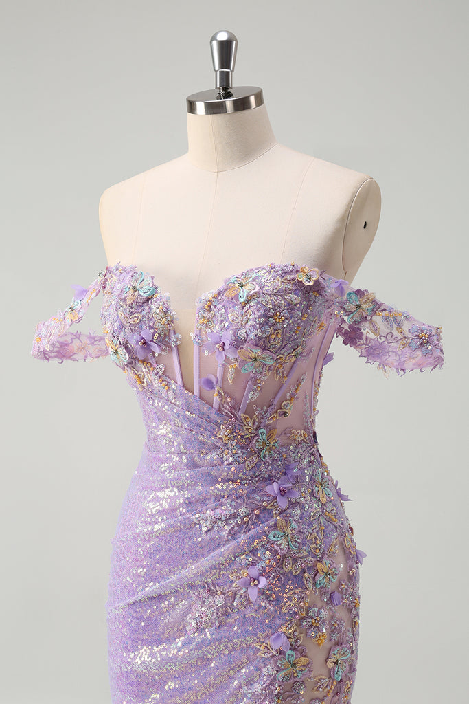 ZAPAKA Women Sparkly Light Purple Prom Dress with Slit Off The Shoulder