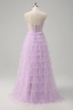 Light Purple A-Line Tiered Corset Sheer Long Prom Dress with Ruffles