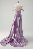 Light Purple Off The Shoulder Watteau Train Mermaid Corset Metallic Prom Dress