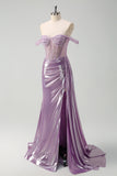 Light Purple Off The Shoulder Watteau Train Mermaid Corset Metallic Prom Dress