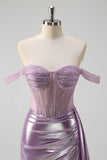 Light Purple Off The Shoulder Watteau Train Mermaid Corset Metallic Prom Dress