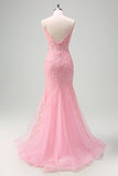 Sparkly Light Pink Mermaid V-Neck Corset Sequin Prom Dress with Slit