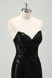 Sparkly Black Mermaid Strapless Corset Appliques Long Prom Dress with Slit