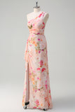 Pink Floral One Shoulder Long Prom Dress With Slit