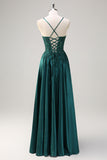 Dark Green A-Line Spaghetti Straps Satin Beaded Long Prom Dress with Appliques