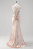 Blush Spaghetti Straps Mermaid Corset Beaded Long Prom Dress