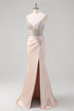 Blush Spaghetti Straps Mermaid Corset Beaded Long Prom Dress