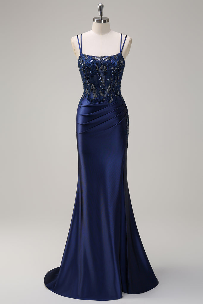 Sparkling Ruched Slit Gown Navy
