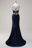 Navy Mermaid Spaghetti Straps Corset Ruched Long Prom Dress With Slit