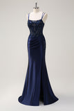 Navy Mermaid Spaghetti Straps Corset Ruched Long Prom Dress With Slit