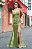 Green Mermaid Spaghetti Straps Pleated Corset Prom Dress