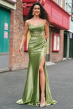 Green Mermaid Spaghetti Straps Pleated Corset Prom Dress