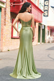 Mermaid Green Corset Spaghetti Straps Pleated Prom Dress