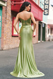 Mermaid Green Corset Spaghetti Straps Pleated Prom Dress