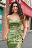 Mermaid Green Corset Spaghetti Straps Pleated Prom Dress