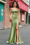 Mermaid Green Corset Spaghetti Straps Pleated Prom Dress