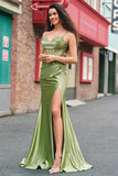 Mermaid Green Corset Spaghetti Straps Pleated Prom Dress