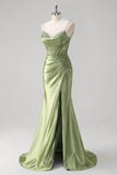 Green Mermaid Spaghetti Straps Pleated Corset Prom Dress