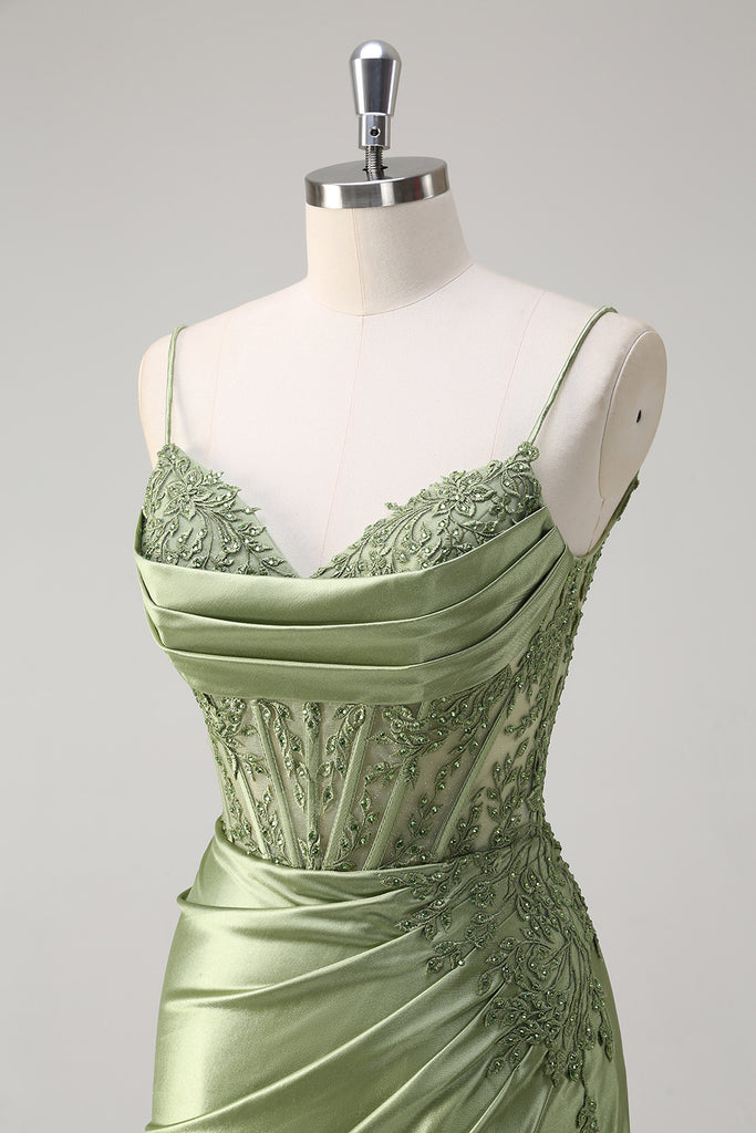 Zapaka Women Green Prom Dress With Slit Spaghetti Straps V-Neck Mermaid ...