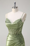 Green Mermaid Spaghetti Straps Pleated Corset Prom Dress