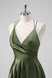 Olive A-Line Spaghetti Straps Ruched Long Satin Bridesmaid Dress