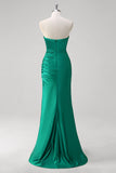 Green Mermaid Strapless Satin Ruched Long Prom Dress with Slit