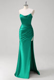 Green Mermaid Strapless Satin Ruched Long Prom Dress with Slit