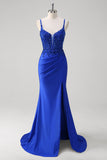 Sparkly Royal Blue Mermaid Spaghetti Straps Long Corset Prom Dress with Appliques