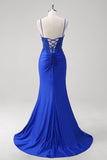 Sparkly Royal Blue Mermaid Spaghetti Straps Long Corset Prom Dress with Appliques