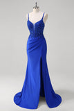 Sparkly Royal Blue Mermaid Spaghetti Straps Long Corset Prom Dress with Appliques