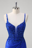 Sparkly Royal Blue Mermaid Spaghetti Straps Long Corset Prom Dress with Appliques