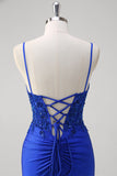 Sparkly Royal Blue Mermaid Spaghetti Straps Long Corset Prom Dress with Appliques