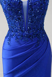 Sparkly Royal Blue Mermaid Spaghetti Straps Long Corset Prom Dress with Appliques