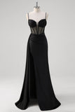 Black Spaghetti Straps Satin Mermaid Long Corset Prom Dress with Slit