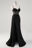 Black Spaghetti Straps Satin Mermaid Long Corset Prom Dress with Slit