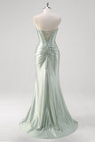 Matcha Mermaid Sweetheart Satin Ruched Long Corset Prom Dress with Slit