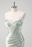 Matcha Mermaid Sweetheart Satin Ruched Long Corset Prom Dress with Slit