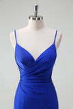 Glitter Royal Blue Mermaid Spaghetti Straps Ruched Long Prom Dress With Slit